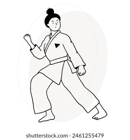 Karate fighter or sport person in kimono. Fighting, kicking, attacking pose. Japan martial art, professional or recreation. Active rest, recharge.