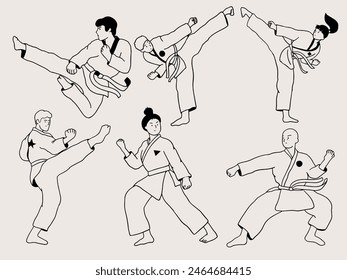 Karate fighter or sport person in kimono. Fighting, kicking, attacking pose. Japan martial art, professional or recreation. Active rest, recharge.