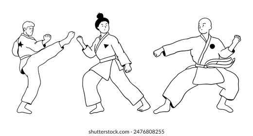 Karate fighter or sport person in kimono. Fighting, kicking, attacking pose. Japan martial art, professional or recreation. Active rest, recharge.