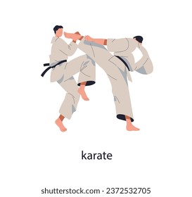 Karate-Kämpfer kämpfen. Japanische Kampfkunst. Asiatische Sportkämpfe, Kampfkämpfe. Wrestler treten, angreifen auf Wettbewerb, Spiel. Flache grafische Vektorgrafik einzeln auf weißem Hintergrund