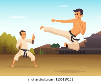 Karate fighters Cartoon background vector illustration. Fighter karate, sport art martial, combat kick training, vector illustration