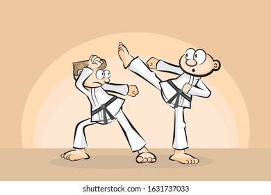 Karate fighters fighting with flying kicks and fists in the middle of a workout. Vector illustration in cartoon style, available in EPS 10.
