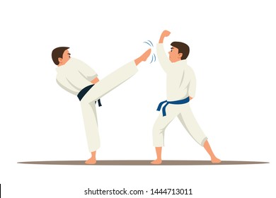 Karate fighters flat vector characters. Asian traditional martial arts championship. Sportsmen in kimono fighting and practicing isolated clipart. Judo, taekwondo competition cartoon illustration