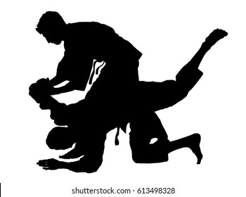 Karate fighters in kimono, vector silhouette illustration. Black belt category. Japan traditional martial art sport. Self defense presentation. In healthy body healthy mind. Judo fighters in battle.