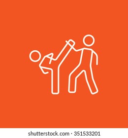 Icono de la línea de combate Karate para web, móviles e infografías. Icono blanco vector aislado en fondo rojo.