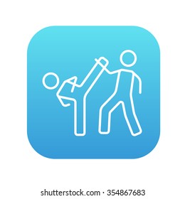 Karate fighters line icon for web, mobile and infographics. Vector white icon on the blue gradient square with rounded corners isolated on white background.