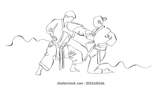 Karate. Fighting man and woman wearing kimono drawing with continuous line, quick sketch, combat and martial arts concept, minimalist vector illustration 