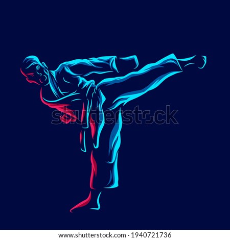 Karate fighting technique vector silhouette line pop art potrait logo colorful design with dark background. Abstract vector illustration. Isolated black background for t-shirt, poster, clothing.