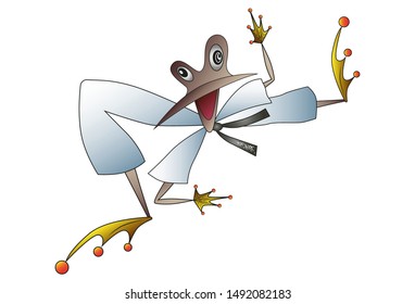 Karate frog is showing martial arts skills. Cartoon character. Vector illustration