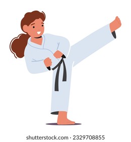 Karate Girl Character, Fierce, disziplinierte und entschlossene Child beherrscht die Kunst der Selbstverteidigung auf spielerische Weise und zeigt ihre Stärke und Dedication in jeder Bewegung. Vektorgrafik von Cartoon People