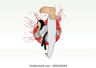 Ein Karate-Mädchen in einem Kimono, das die Kampfkunst des Karate praktiziert, macht eine Strecke.