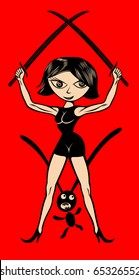 A karate girl with a rabbit.