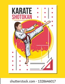 Karate girl showing high leg kick, karate girl training on abstract background. Sport poster, print graphic design. Bright, colorful vector illustration