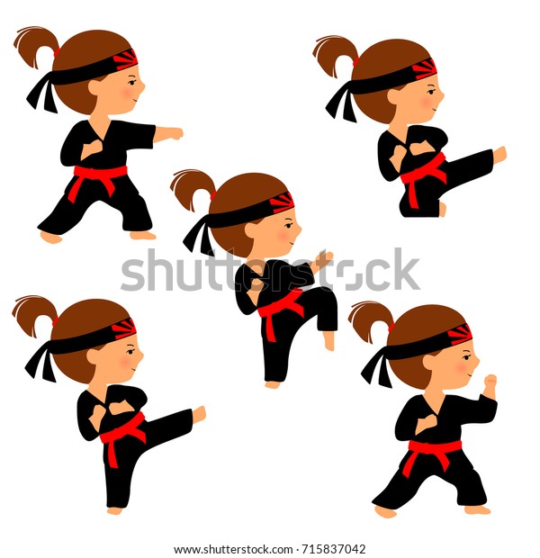 白い背景に空手少女のベクターイラスト 漫画風の空手ポーズのセット 女の子は蹴りの練習をする 赤帯と頭帯の黒い着物に 朝日 の記号 のベクター画像素材 ロイヤリティフリー