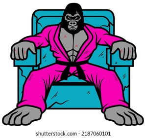 Karate gorilla sitting on a throne vector cartoon illustration