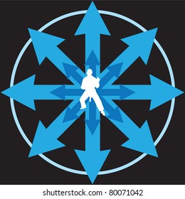 The Karate, graphic of karate man in blue arrow.