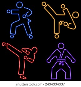 karate group of neon icons, vector illustration on black background.