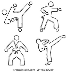 karate icon set, brush strokes on a white background. Vector illustration.