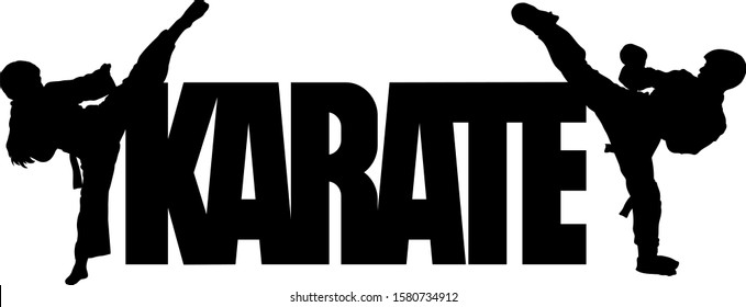 Karate inscription and silhouettes of two athletes kicking a high kick