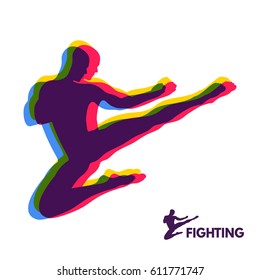 Karate Jump Kick. Fighter. Human Body. Sport Symbol. Design Element. Martial Arts. Vector Illustration.