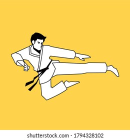 Karate kick illustration in outline style. Asian martial art vector design
