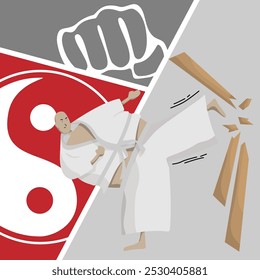 Patada de karate. Artes marciales. Ilustración vectorial plana