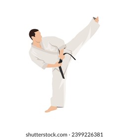 Patada de karate. Artes marciales. La inscripción en la ilustración es un jeroglífico de karate. Ilustración vectorial plana aislada en fondo blanco