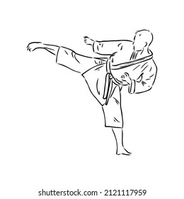 Dibujo de dibujo de la técnica de patada de Karate. Diseño artesanal de arte marcial asiático