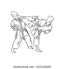 Karate kick Technik Sketch Illustration. Handgezeichnetes Design für asiatische Kampfkunst