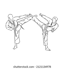 Karate kick technique sketch illustration. Asian martial art sport hand drawn design