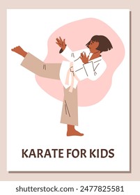 Karate kid in action. A vector illustration showing a girl in a karate pose demonstrating martial arts skills in a kimono with a belt for training.