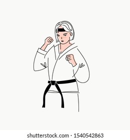 Karate kid. Boy or girl, man or woman in kimono with black belt. Hand drawn trendy vector illustration isolated on a white background. Japanese martial art. Self defence position.