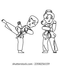 karate kid vector. belt attack, boy activity, black kick, martial judo, arts athlete karate kid character. people black line illustration