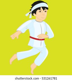 Karate kid wearing red belt. Asian boy. Cartoon Vector