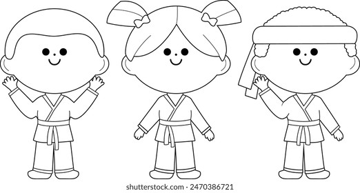 Karate kids athletes, boys and girls. Diverse group of children in martial arts uniforms. Karate, Taekwondo, judo, jujitsu, kickboxing, or kung fu children athletes. Vector Illustration