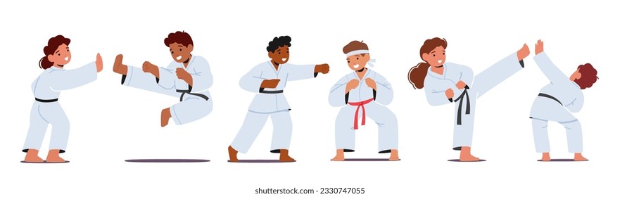 Karate Kids, Young Characters Learning Discipline, Self-defense, And Respect Through The Practice Martial Arts Skills, Developing Physical And Mental Strength. Cartoon People Vector Illustration