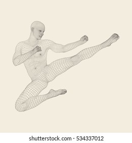 Karate and Kung Fu. Karate Jump Kick. Fighter. 3D Model of Man. Human Body. Sport Symbol. Design Element. Asian Martial Arts. Vector Illustration. 