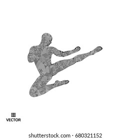 Karate and kung fu. Karate jump kick. Fighter. 3d model of man. Sport symbol. Design element. Asian martial arts. Vector illustration.