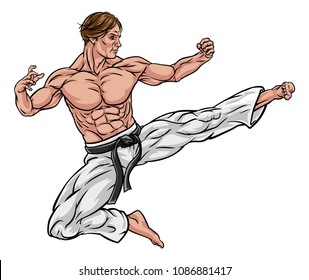 A karate or kung fu martial artist delivering a flying kick wearing white gi trousers and blackbelt