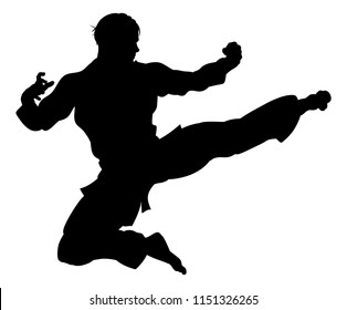 A karate or kung fu martial artist delivering a flying kick wearing gi in silhouette