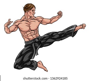 A karate or kung fu martial artist delivering a flying kick wearing gi trousers and blackbelt