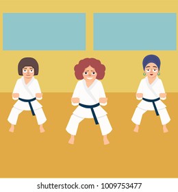 karate lesson for women - funny vector cartoon illustration in flat style