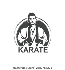 Karate logo design karateka in kimono with black belt silhouette isolated on white background. Vector