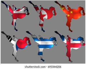 Karate logo with the flag of Great Britain, South Korea, North Korea, China, Iceland, Finland