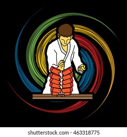 Karate man breaking bricks designed on spin wheel background graphic vector.