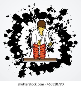 Karate man breaking bricks designed on splatter ink background graphic vector.