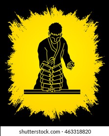 Karate man breaking bricks designed on grunge frame background graphic vector.