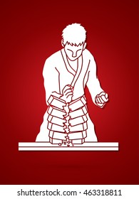 Karate man breaking bricks graphic vector.