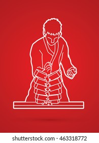 Karate man breaking bricks outline graphic vector.