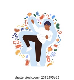 Karate man cartoon character with strong healthy immune system fighting against bacterial infection